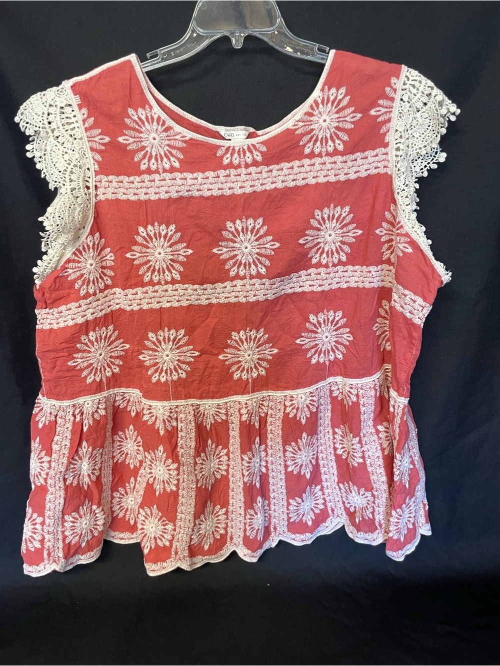 Cato Coral Sleeveless Embroidered Peplum Tunic with Lace Trim